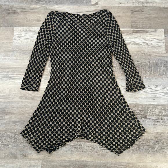 Tianello Laggenlook Dot Tunic Top M Black Tan Textured Knit Asymmetrical Hem - Picture 4 of 10